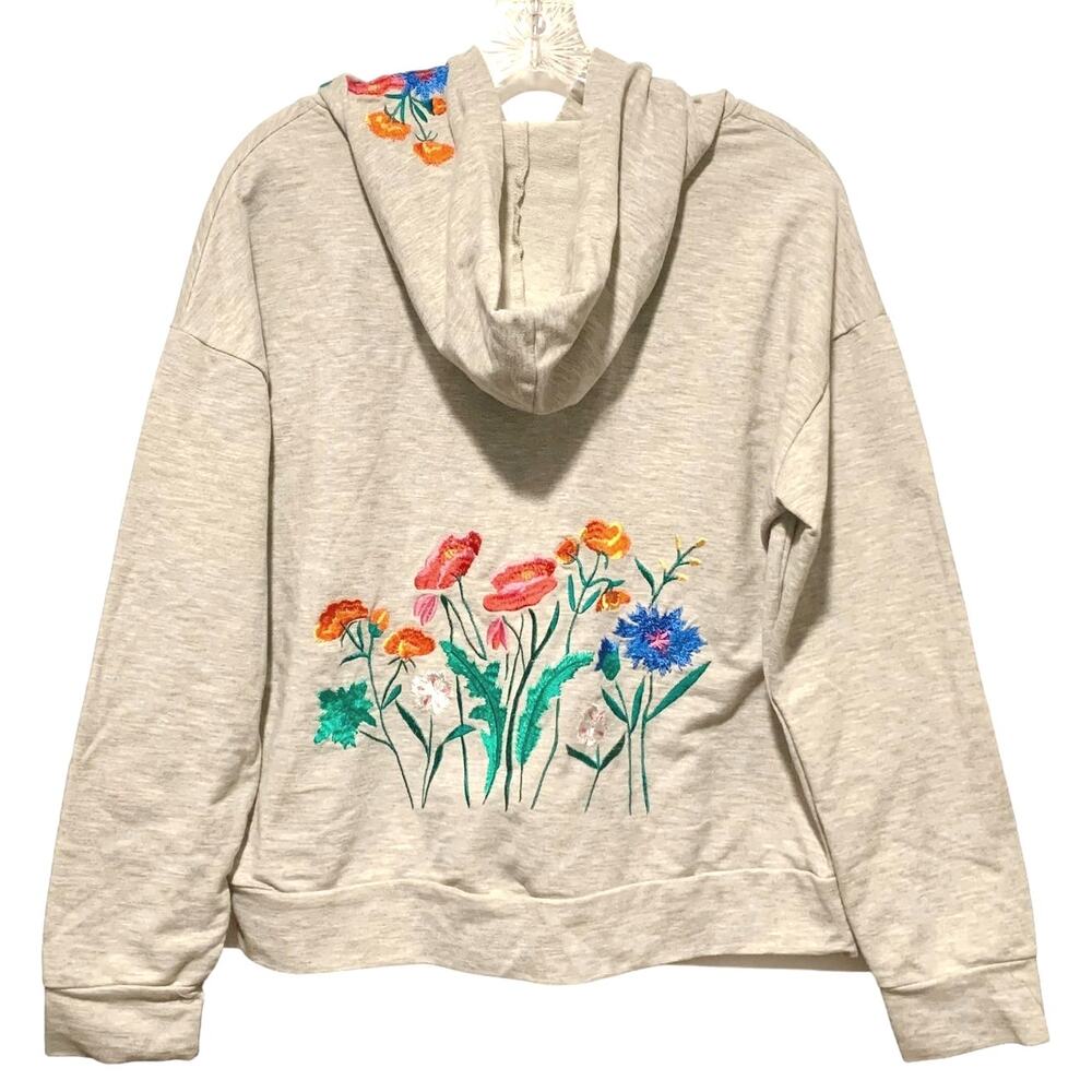 Embroidered Hoody Wildflowers Cropped Boho Cottage Heather Gray M L XL Floral